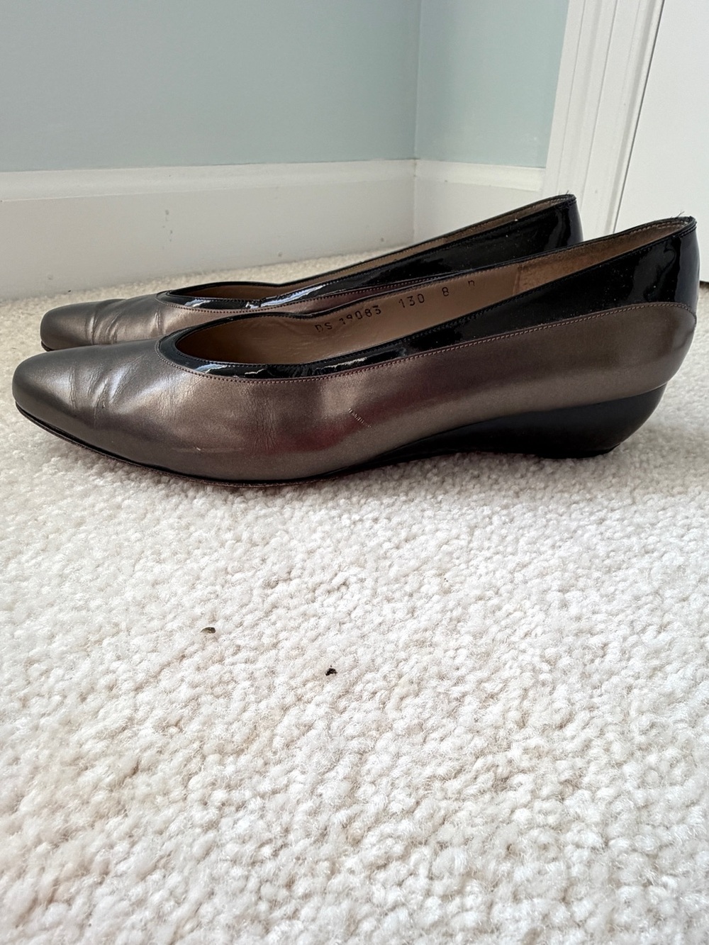 Salvatore Ferragamo Black & Bronze Leather Women's Wedge Heels, Sz 8